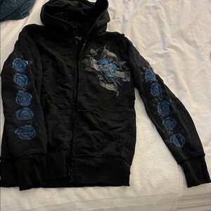 Sinful Black Jacket with Blue Heart and Rose Accents